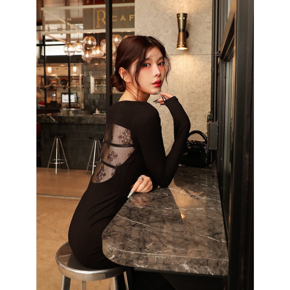 ダーリッチ Darich バックオープンレースロングワンピース （ブラック