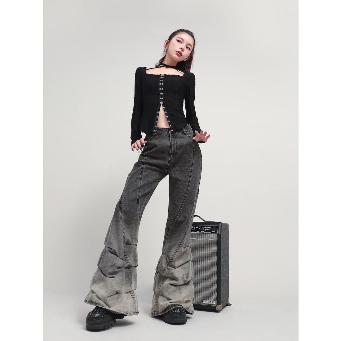 ダーリッチ Darich ルーズクッションデニムパンツ （ブラック） -靴