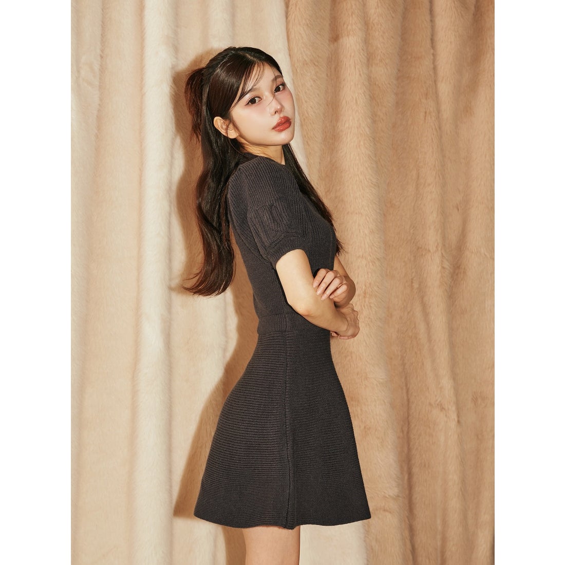 ダーリッチ Darich DDパフスリーブニットミニワンピース （ピンク