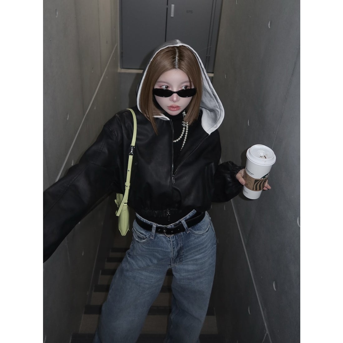 ダーリッチ Darich スウェットフーディーレザージャケット （ブラック