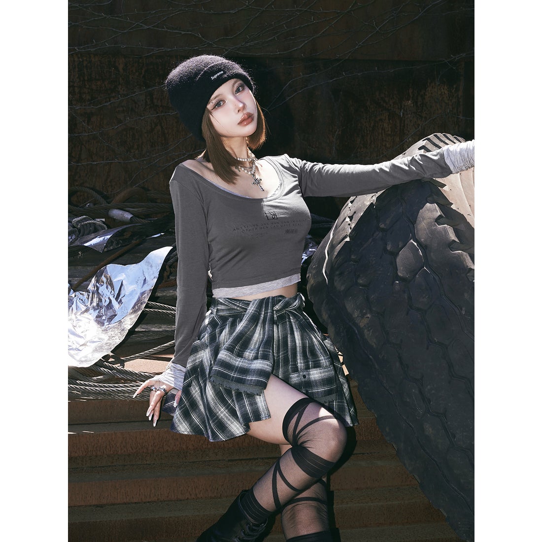 ダーリッチ Darich レイヤードチェックショートパンツ （ネイビー