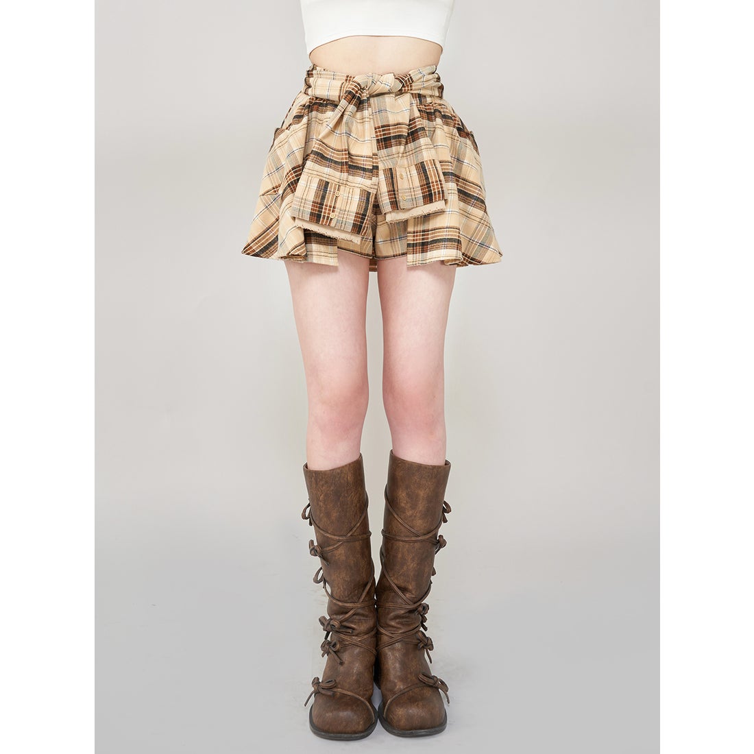 ダーリッチ Darich レイヤードチェックショートパンツ （ベージュ