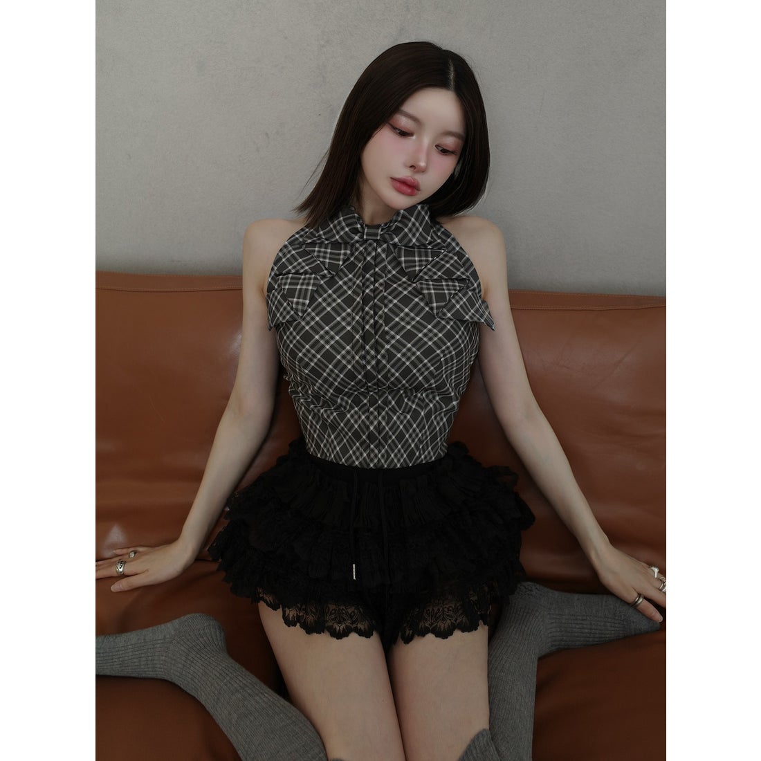 ダーリッチ Darich リボンチェックノースリブラウス （グレー