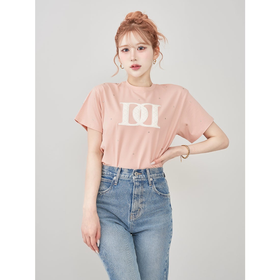 ダーリッチ Darich キルティングアップリケビジューTシャツ （ピンク