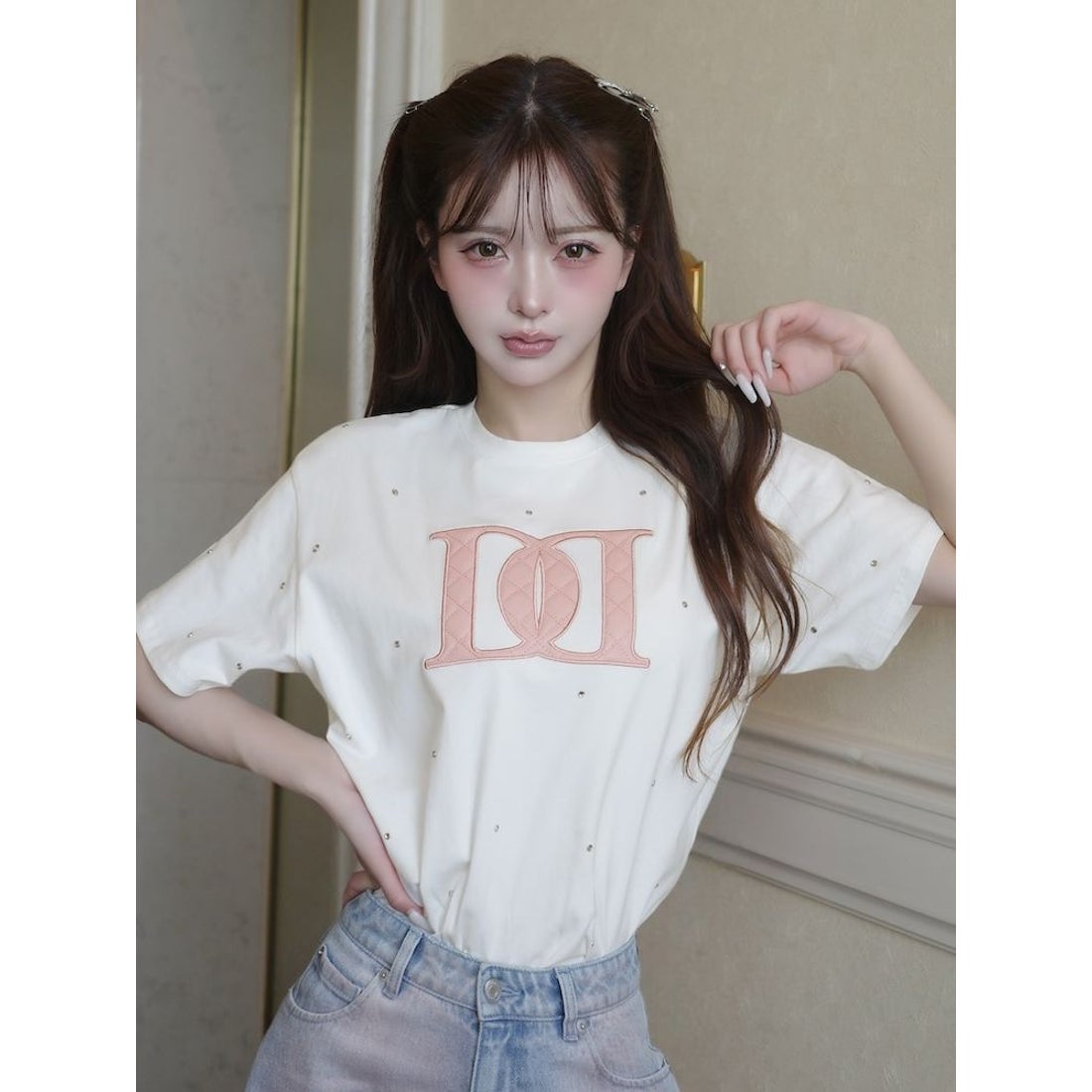 ダーリッチ Darich キルティングアップリケビジューTシャツ （ブラック