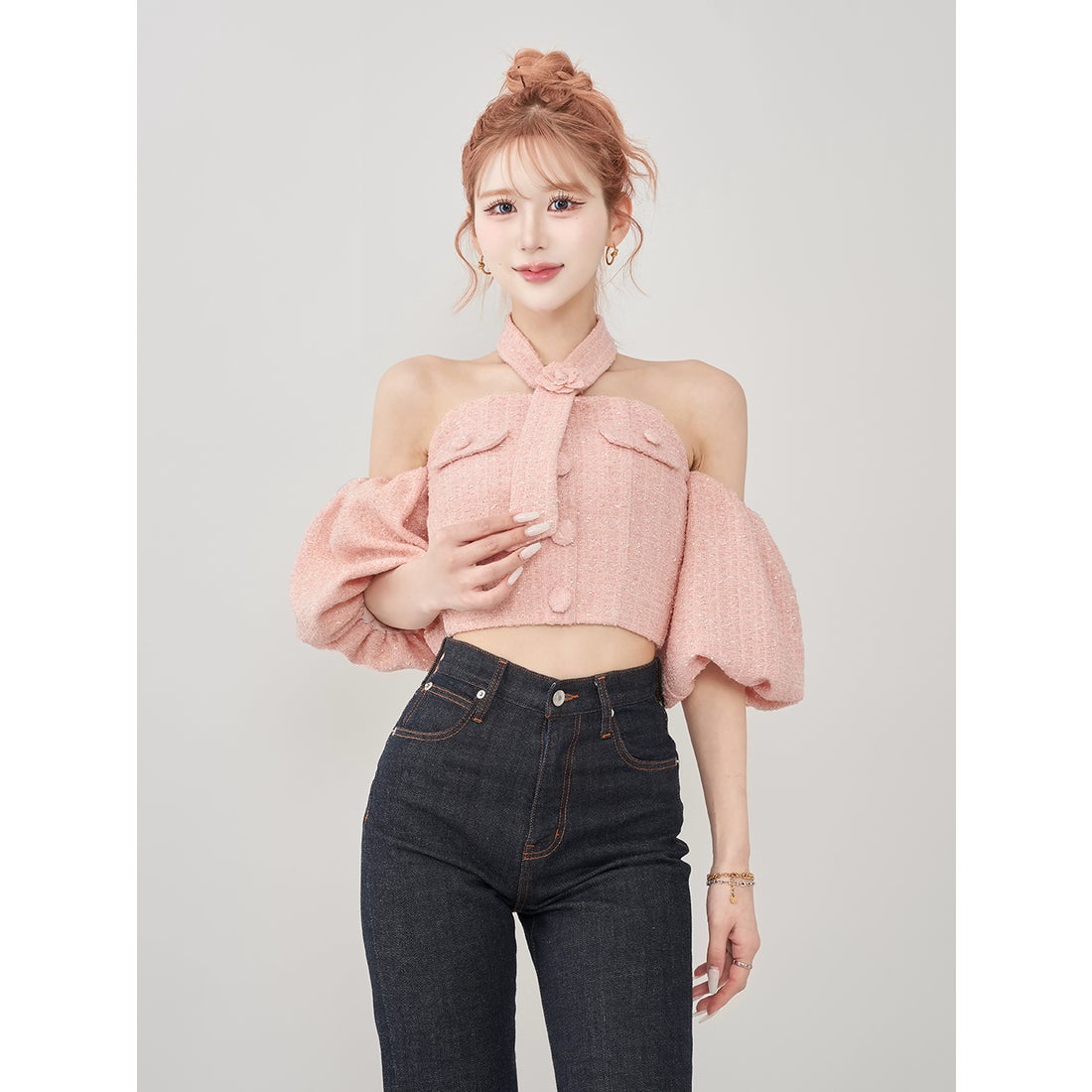 ダーリッチ Darich ホルターネックオフショルツイードトップス