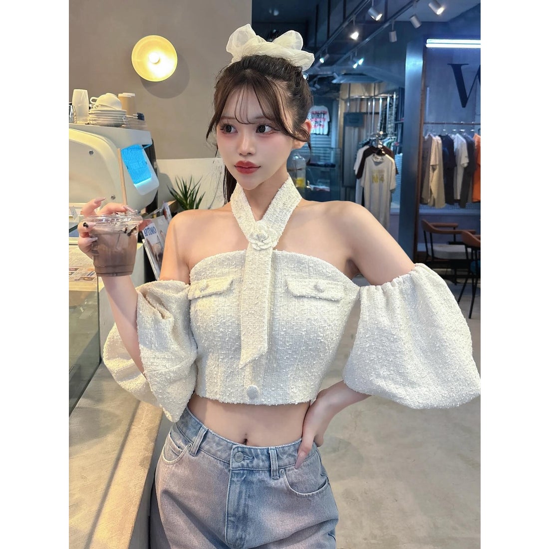 ダーリッチ Darich ホルターネックオフショルツイードトップス