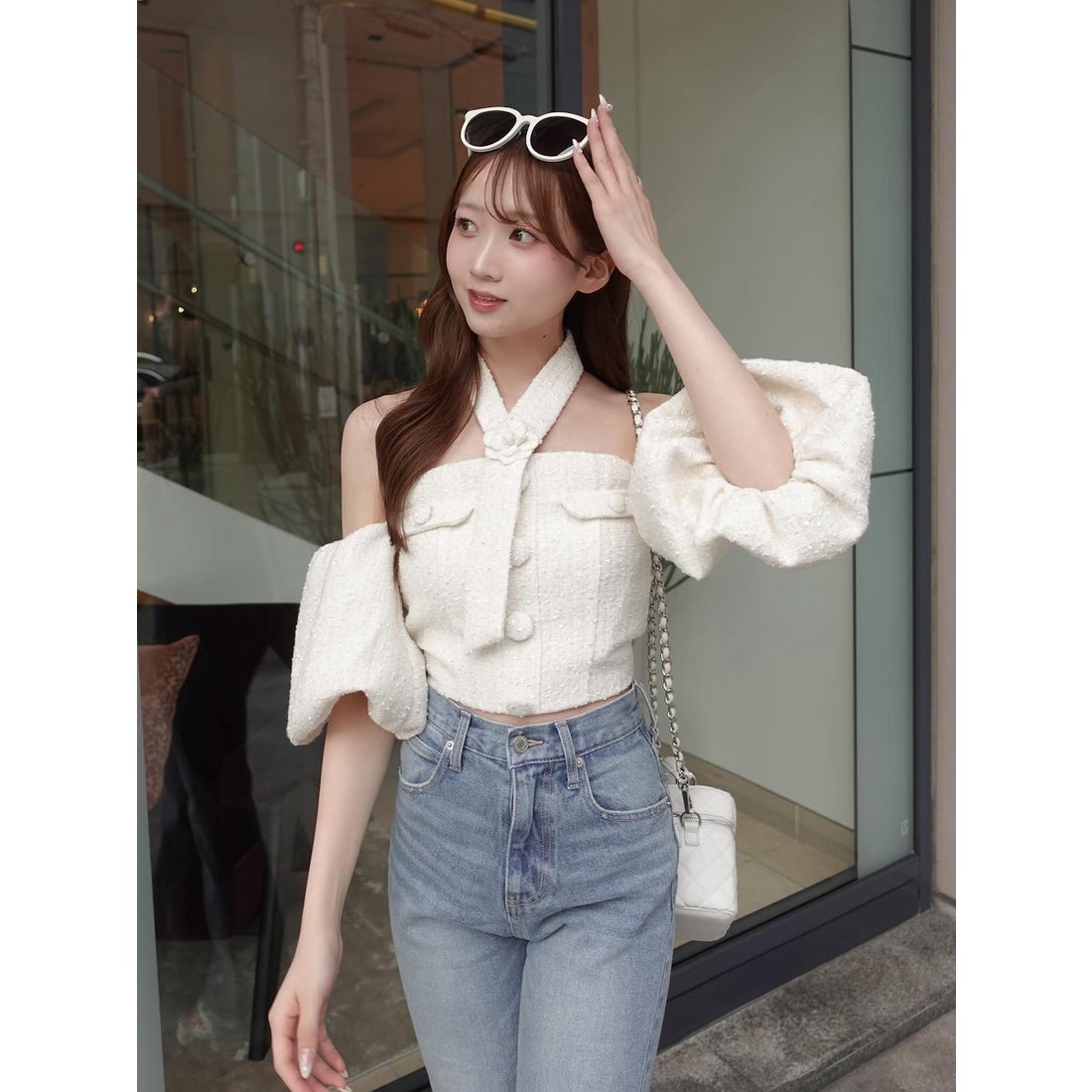 ダーリッチ Darich ホルターネックオフショルツイードトップス