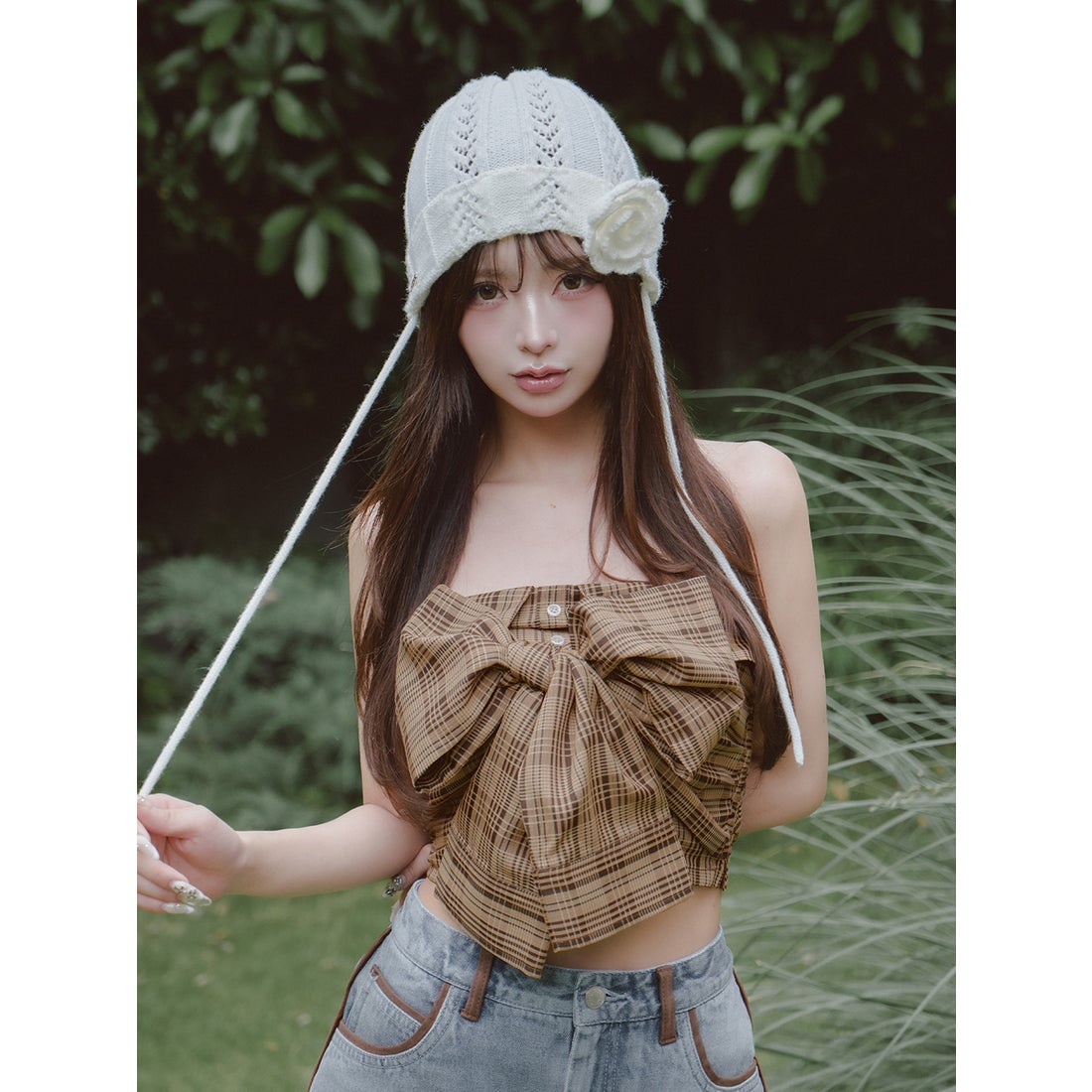 ダーリッチ Darich タータンチェックリボンベアトップ （ベージュ