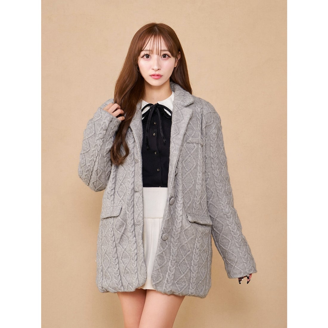 ダーリッチ Darich ケーブルニットジャケットコート （グレー） -靴