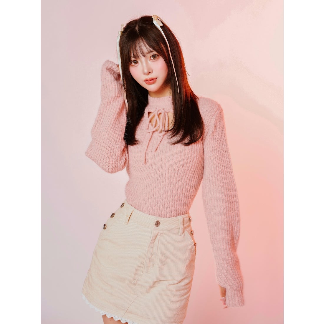 ダーリッチ Darich レースアップリボンニットトップス （ピンク） -靴