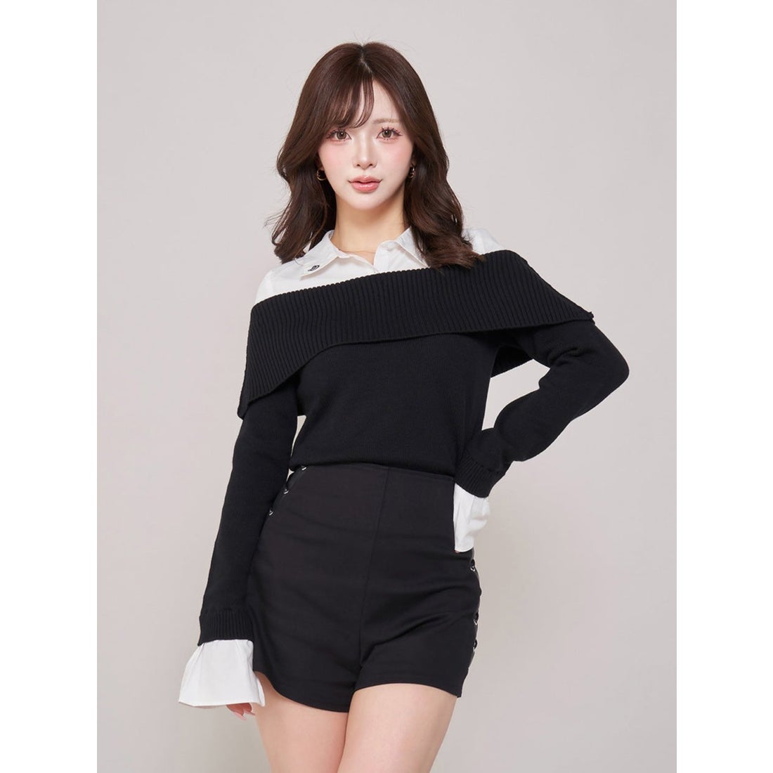 ダーリッチ Darich シャツドッキングオフショルニットトップス