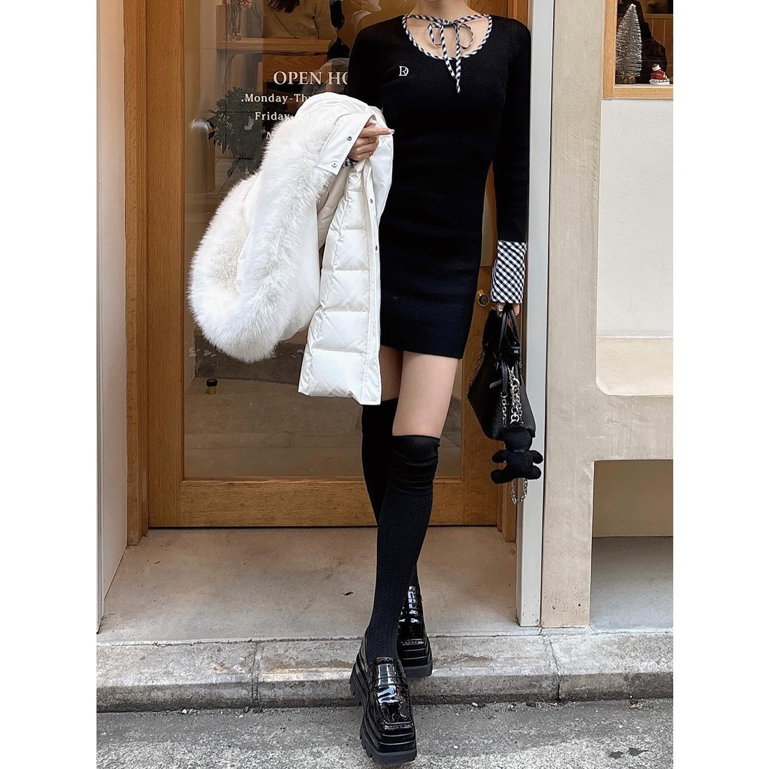 ダーリッチ Darich チェックリボンニットミニワンピース （ブラック