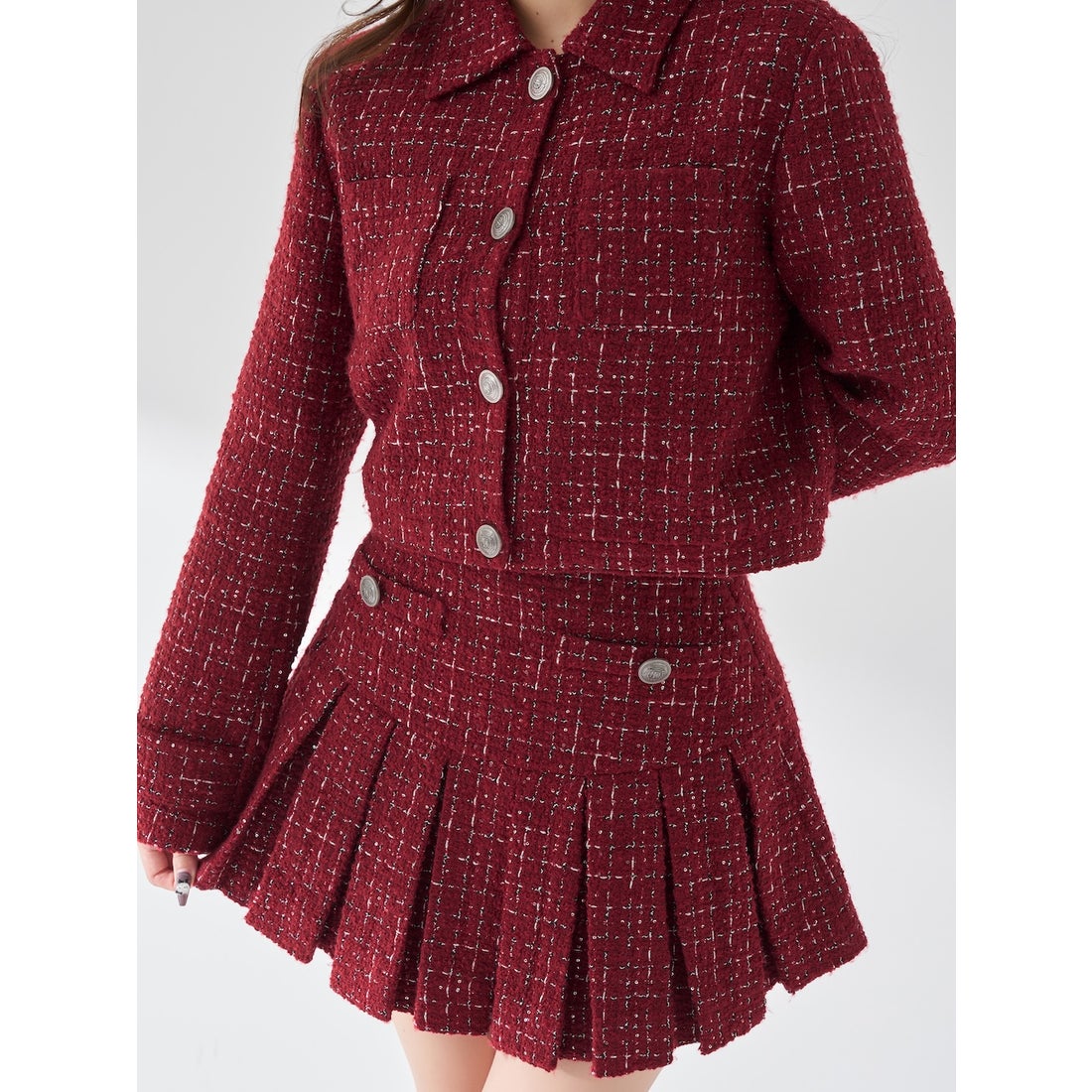 ダーリッチ Darich ツイードチェックプリーツミニスカート （ボルドー