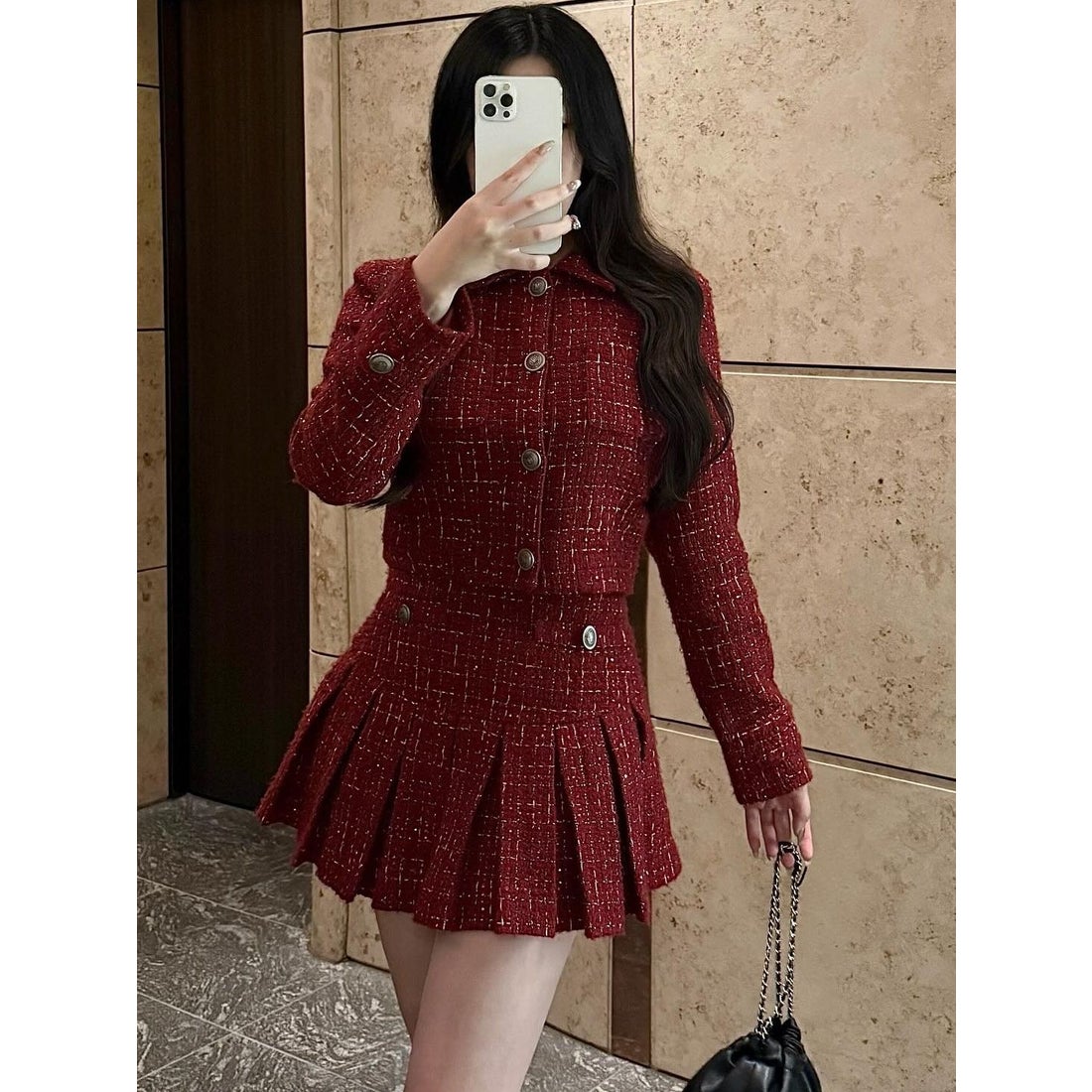 ダーリッチ Darich ツイードチェックプリーツミニスカート （ボルドー