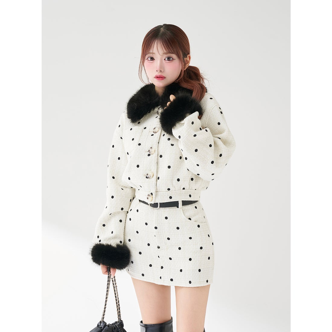 ダーリッチ Darich ドットツイードジャケットコート （ホワイト） -靴