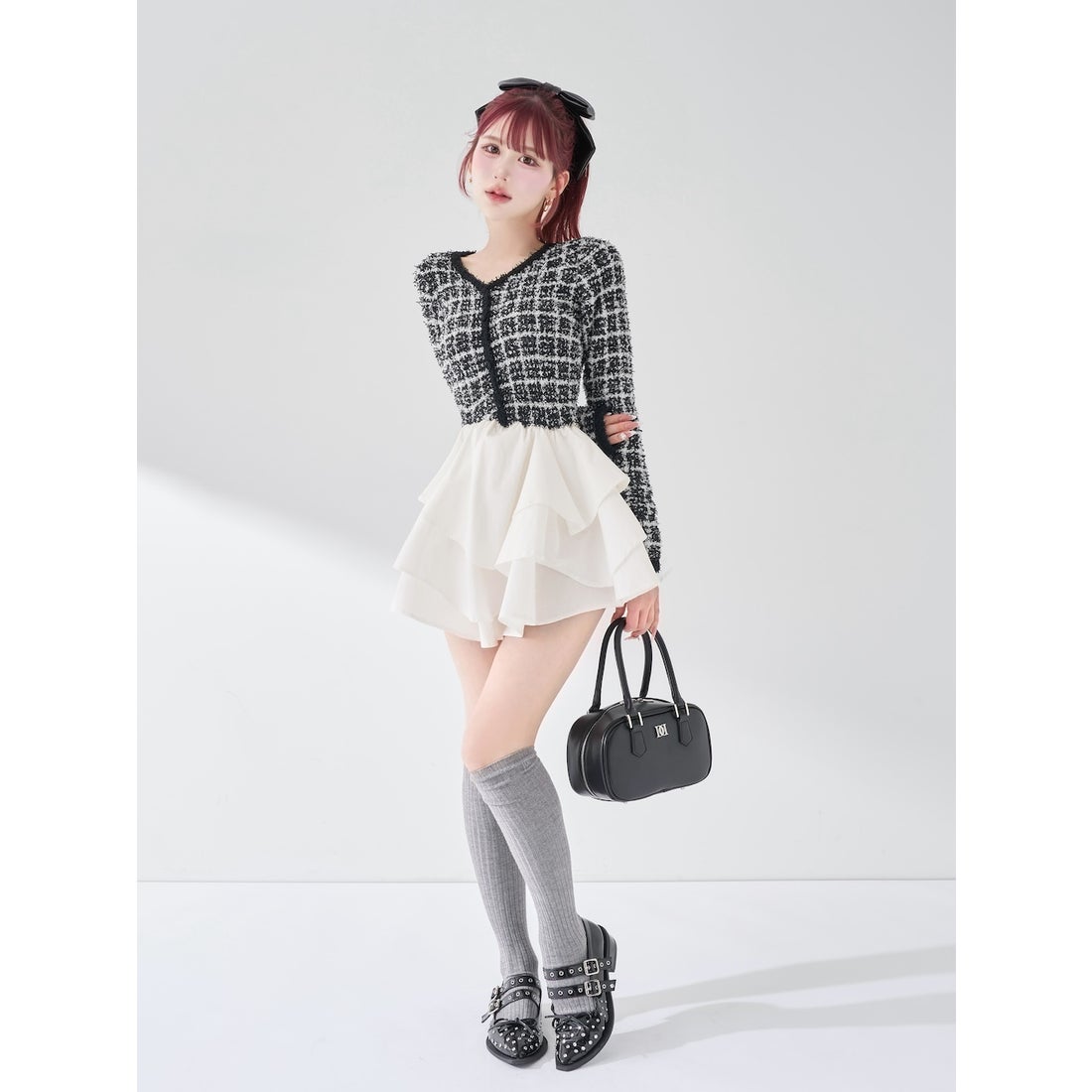 ダーリッチ Darich ボリュームフリルツイードニットミニワンピース