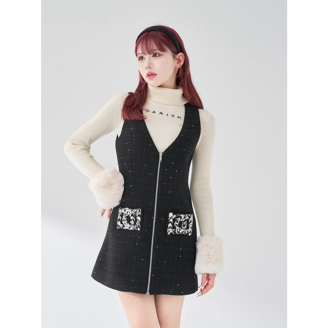 ダーリッチ Darich フロントファスナーツイードミニワンピース