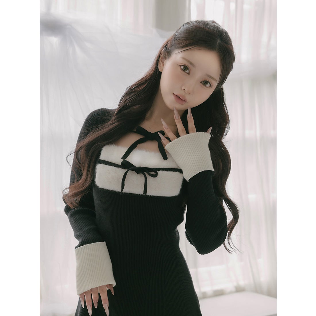 ダーリッチ Darich リボンファーフレアニットミニワンピース