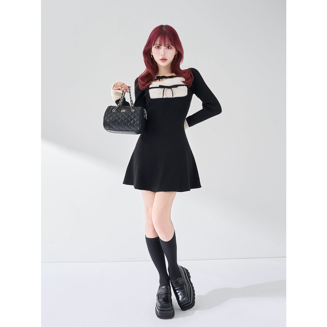 ダーリッチ Darich リボンファーフレアニットミニワンピース