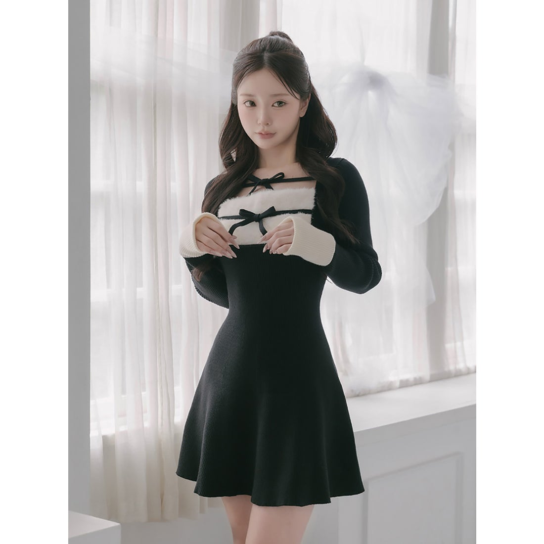 ダーリッチ Darich リボンファーフレアニットミニワンピース