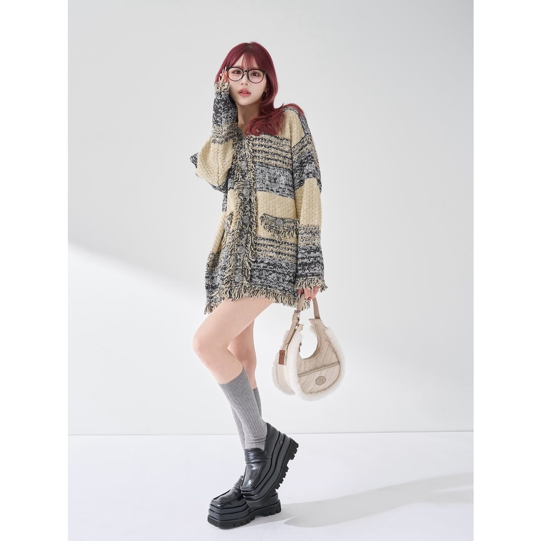 ダーリッチ Darich ツイードボーダーニットカーディガン （イエロー