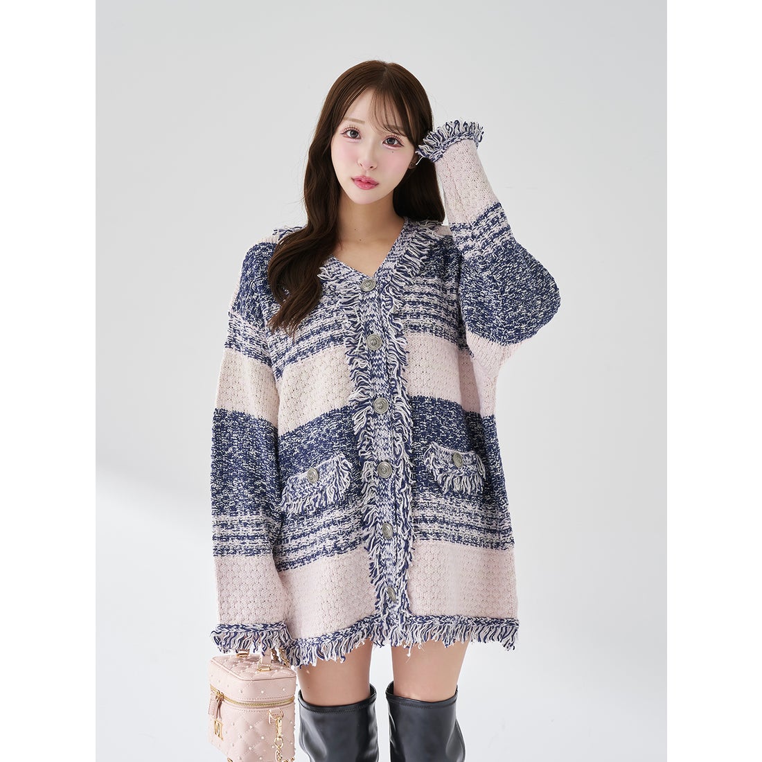 ダーリッチ Darich ツイードボーダーニットカーディガン （ピンク