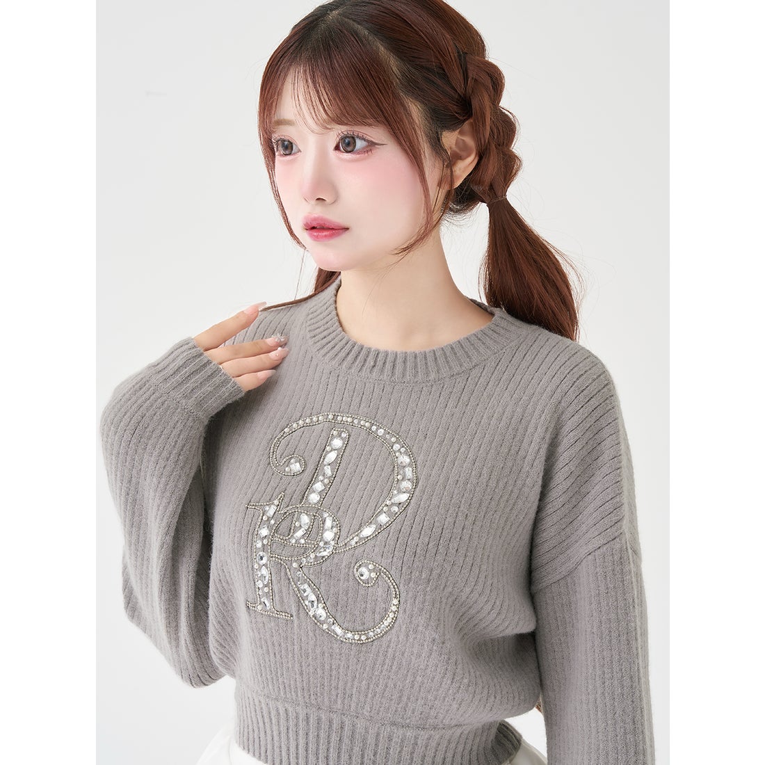 ダーリッチ Darich DRビジューボリュームリブニットトップス （グレー