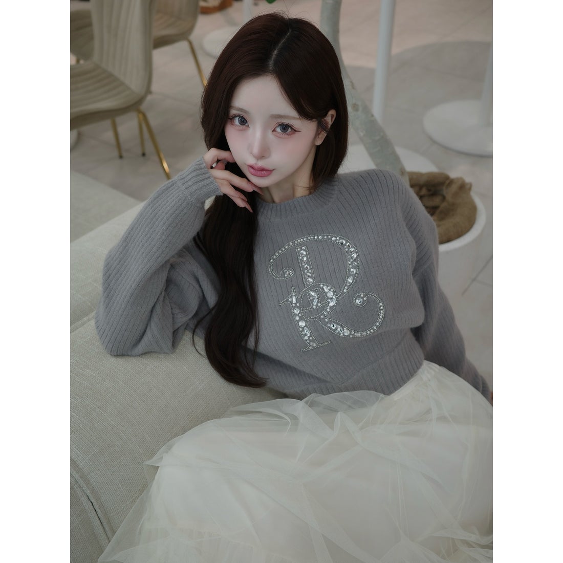 ダーリッチ Darich DRビジューボリュームリブニットトップス （グレー