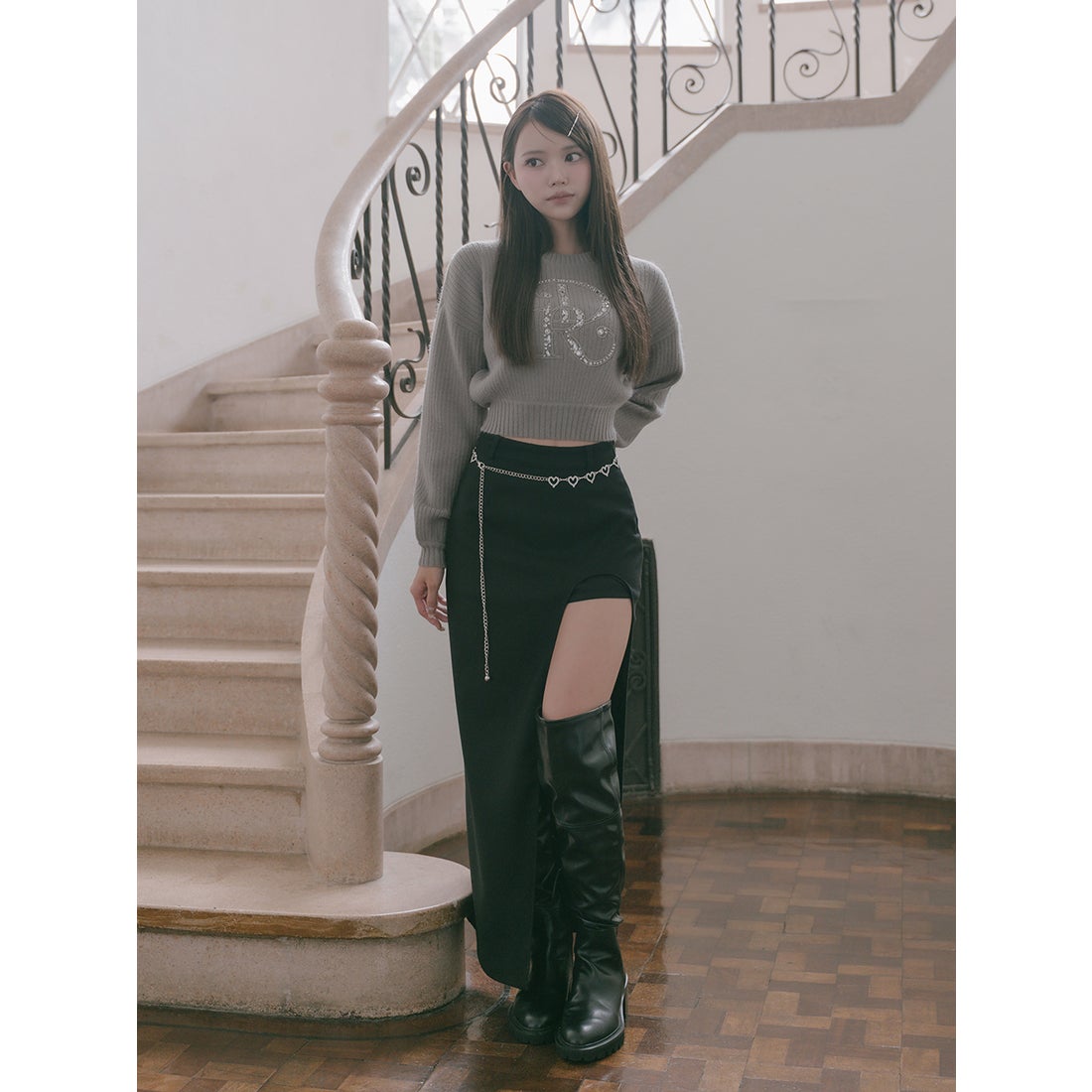 ダーリッチ Darich DRビジューボリュームリブニットトップス （グレー