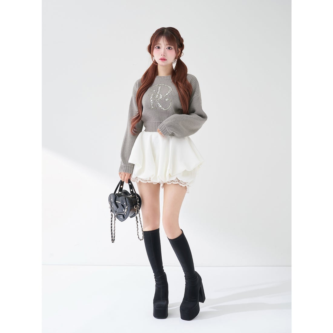 ダーリッチ Darich DRビジューボリュームリブニットトップス （グレー