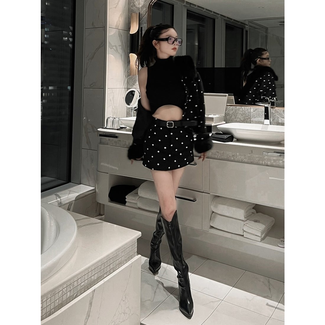 ダーリッチ Darich ドットツイードベルトミニスカート （ブラック