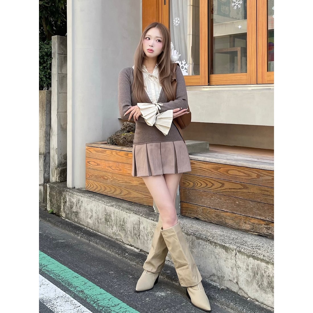 ダーリッチ Darich シャツドッキングプリーツミニワンピース （モカ