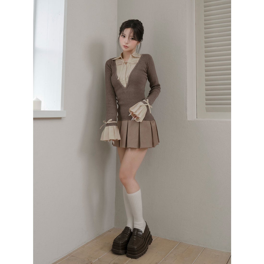 ダーリッチ Darich シャツドッキングプリーツミニワンピース （モカ