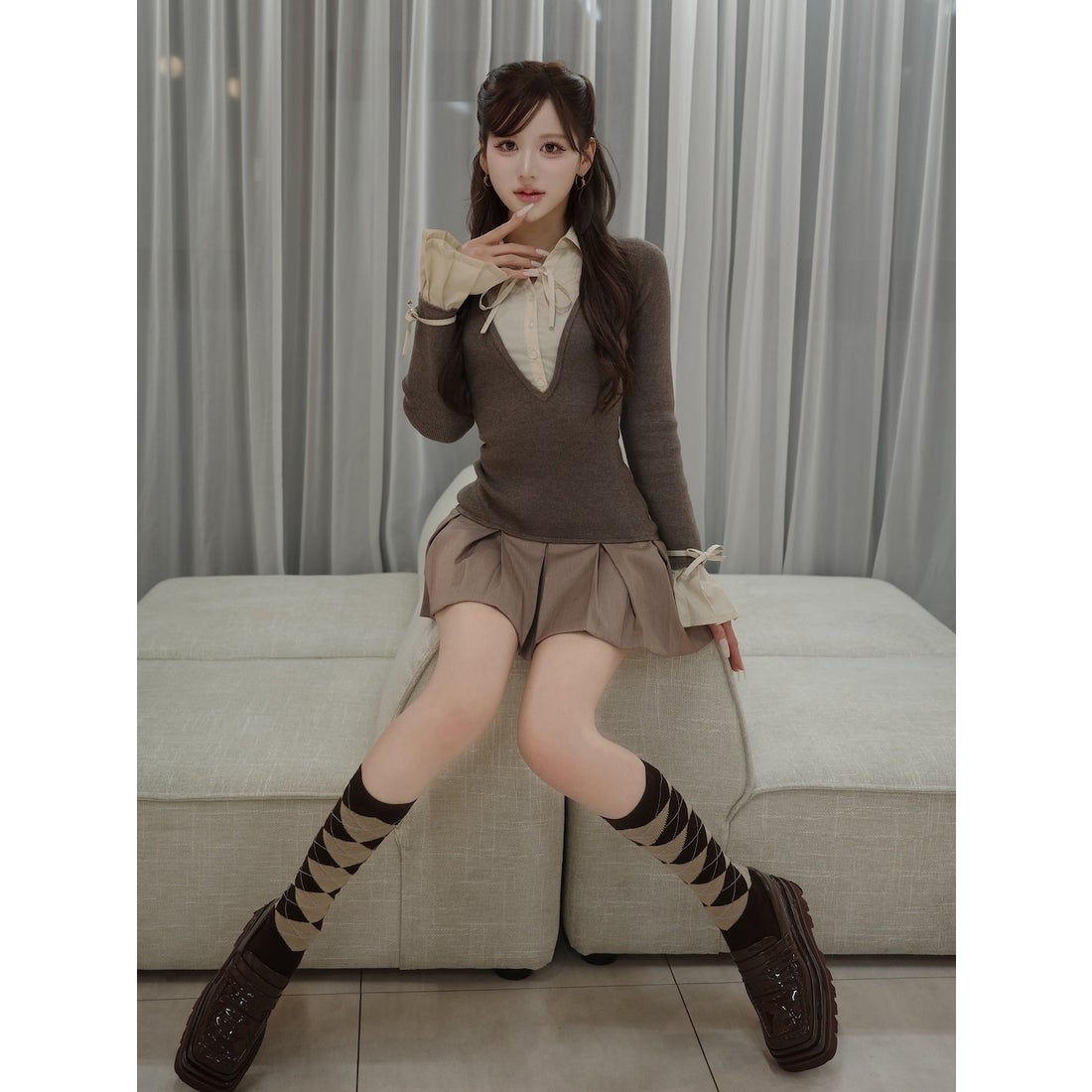 ダーリッチ シャツドッキングプリーツミニワンピース モカ FREE