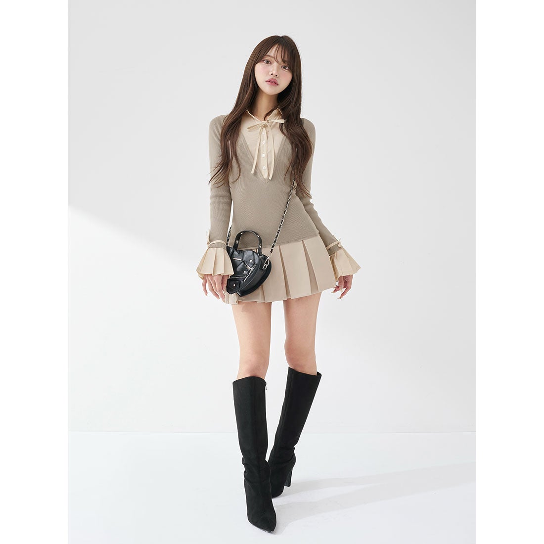 ダーリッチ Darich シャツドッキングプリーツミニワンピース （グレー