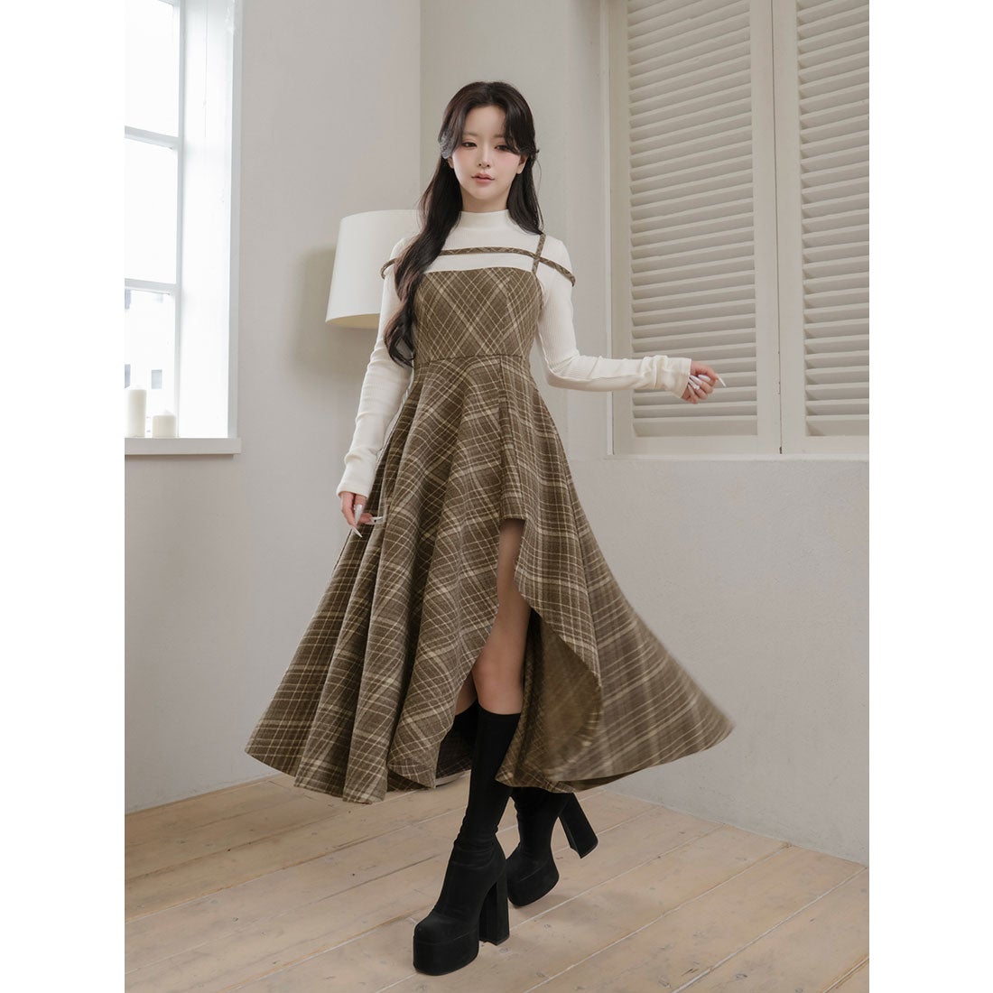 ダーリッチ Darich レイヤードチェックイレヘムミディワンピース