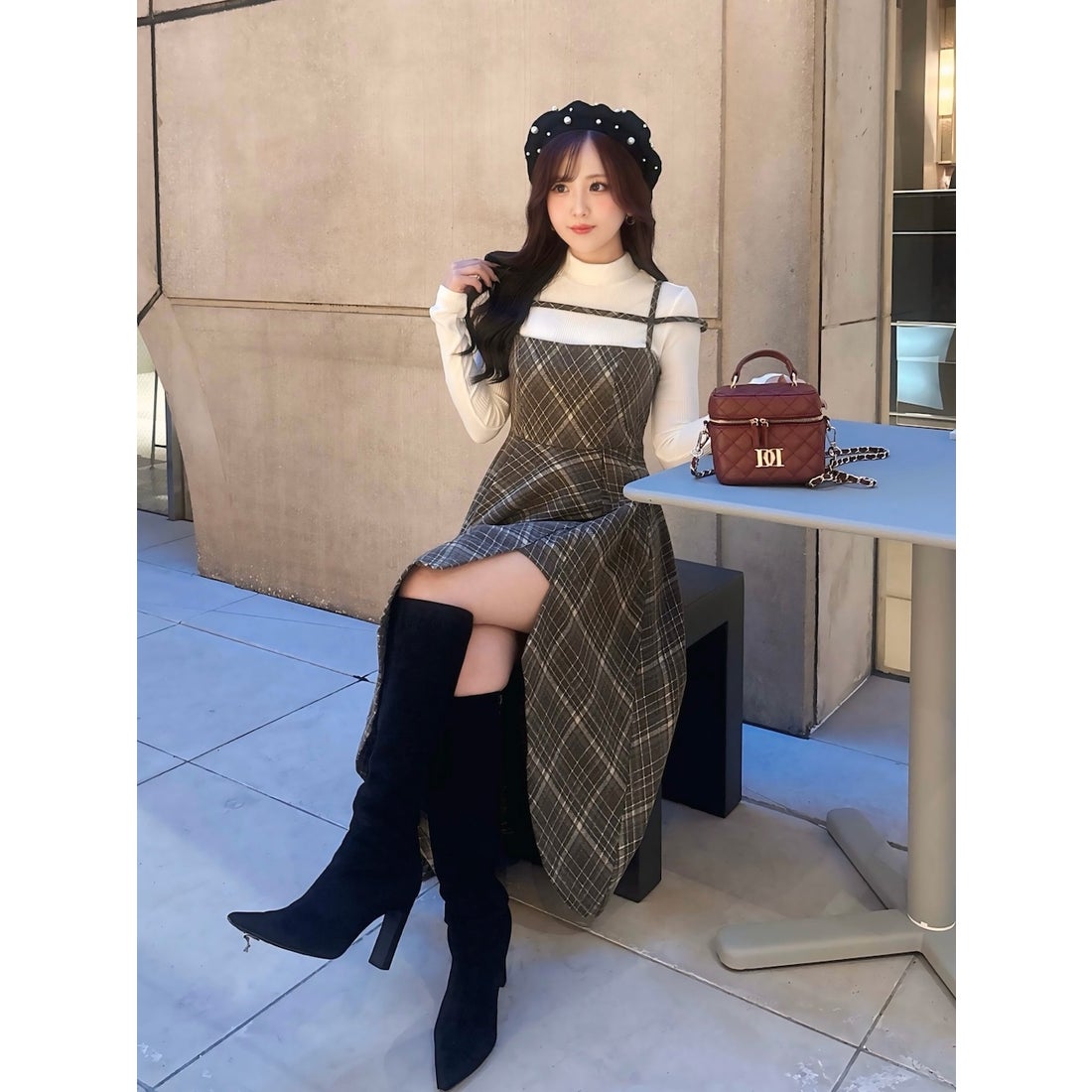 ダーリッチ Darich レイヤードチェックイレヘムミディワンピース