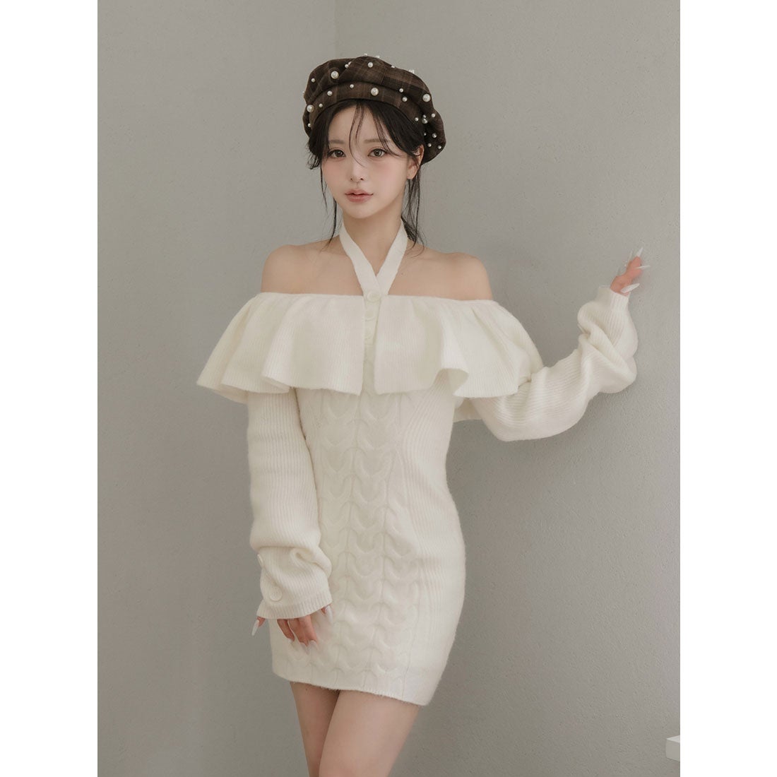 ダーリッチ Darich ホルターデザインオフショルニットミニワンピース