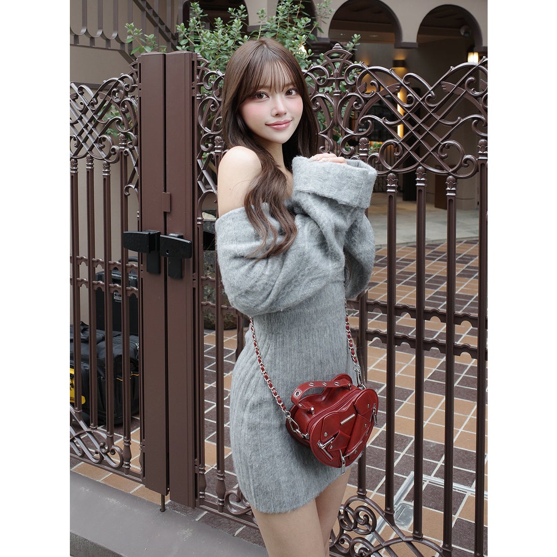 ダーリッチ Darich ヘアリーオフショルニットミニワンピース （グレー