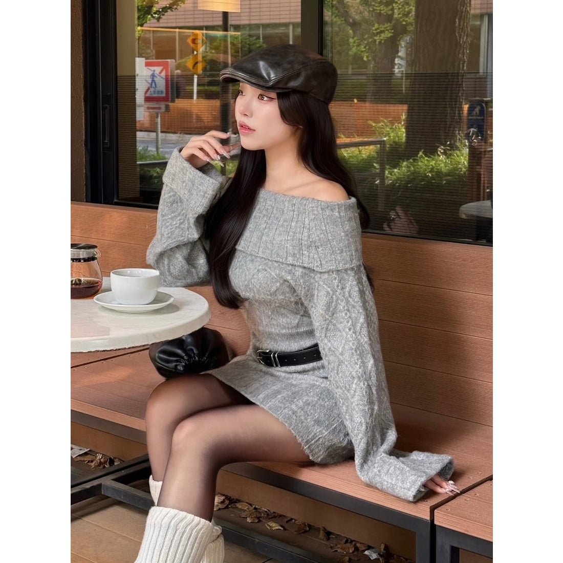 ダーリッチ Darich ヘアリーオフショルニットミニワンピース （グレー