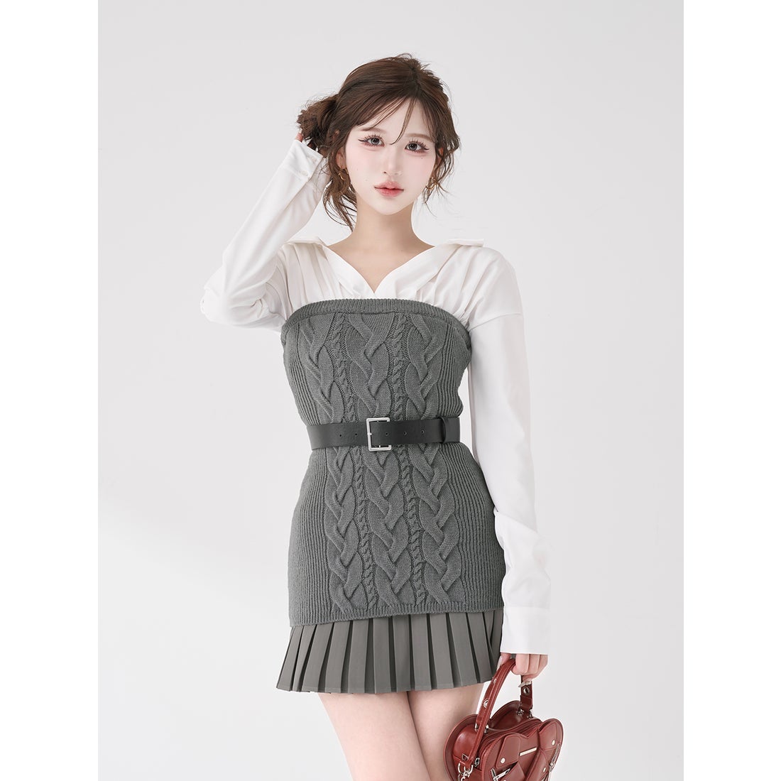 ダーリッチ Darich シャツドッキングプリーツニットミニワンピース