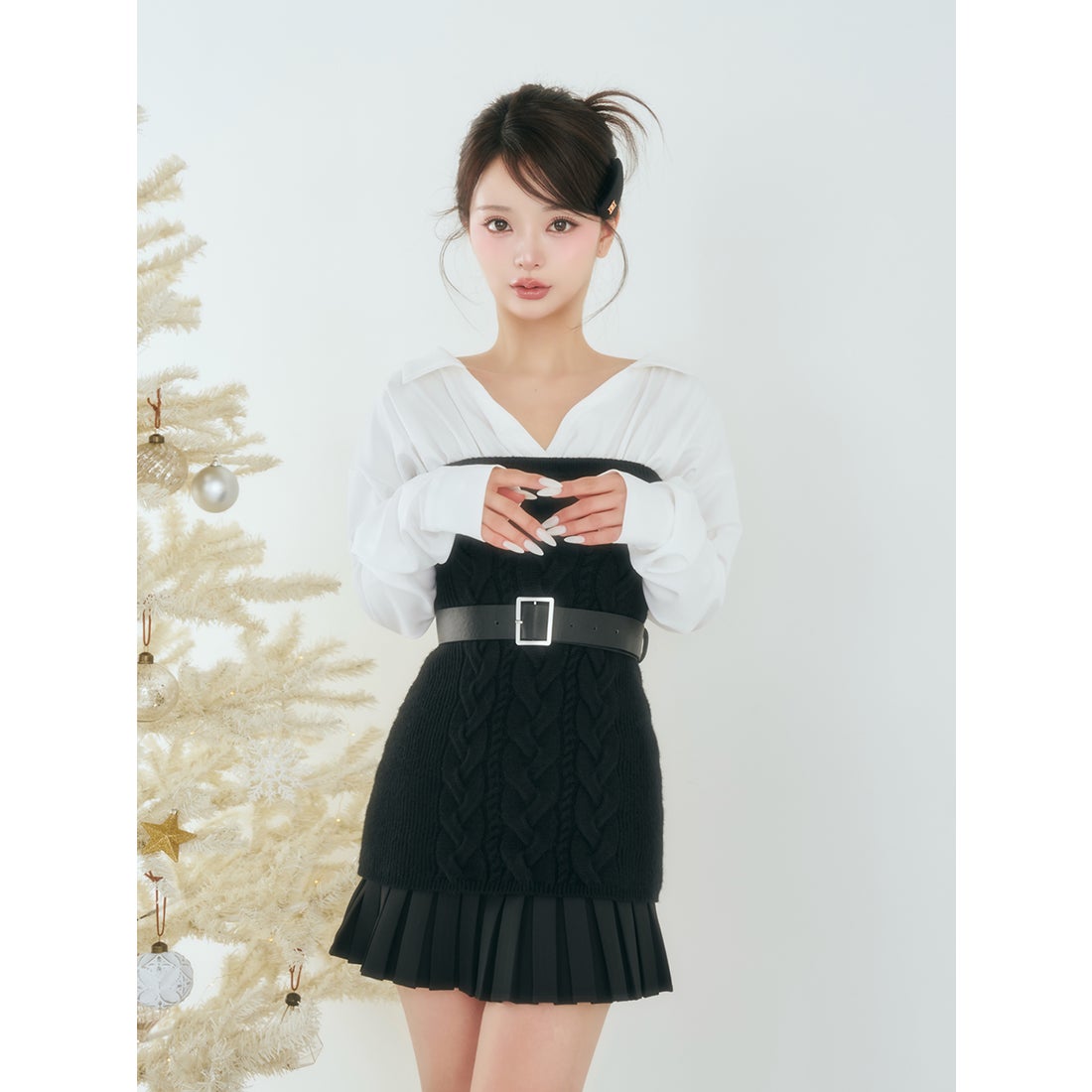 ダーリッチ Darich シャツドッキングプリーツニットミニワンピース