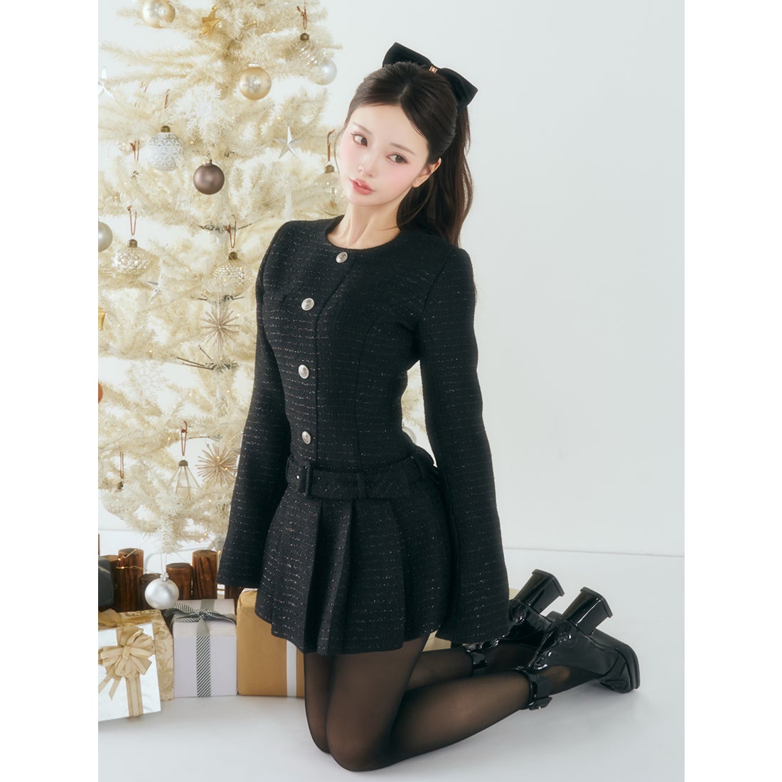 ダーリッチ Darich ボックスプリーツツイードミニワンピース （ピンク