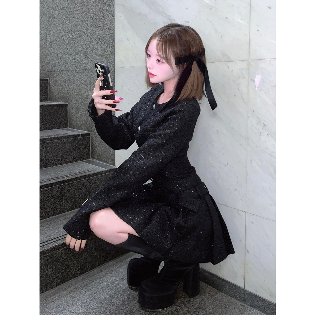 ダーリッチ Darich ボックスプリーツツイードミニワンピース