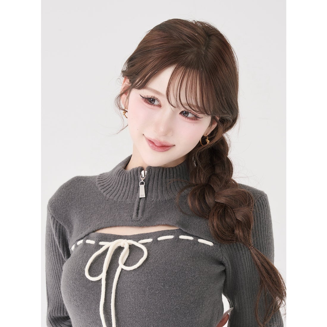 ダーリッチ Darich ステッチリボンオープンニットトップス （グレー