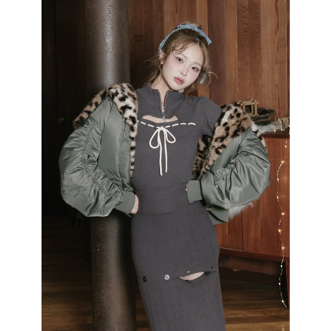 ダーリッチ Darich ステッチリボンオープンニットトップス （グレー