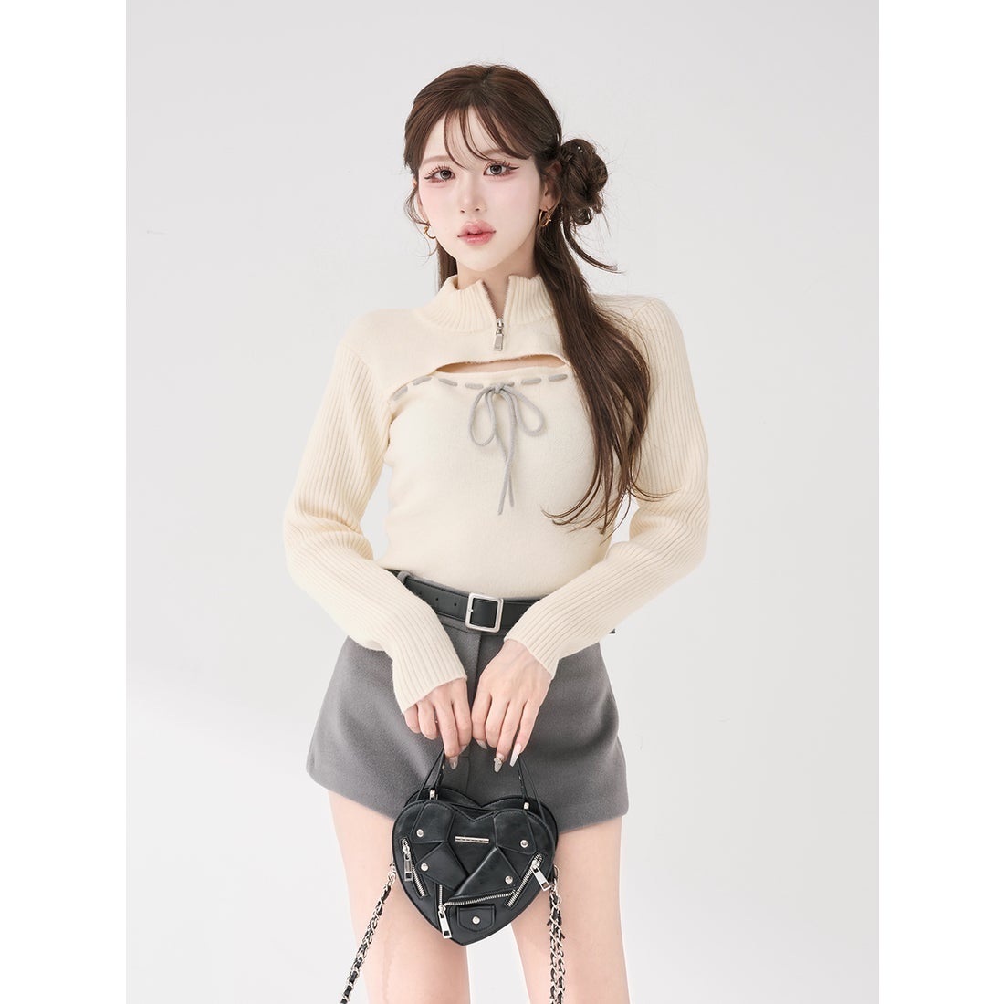 ダーリッチ Darich ステッチリボンオープンニットトップス