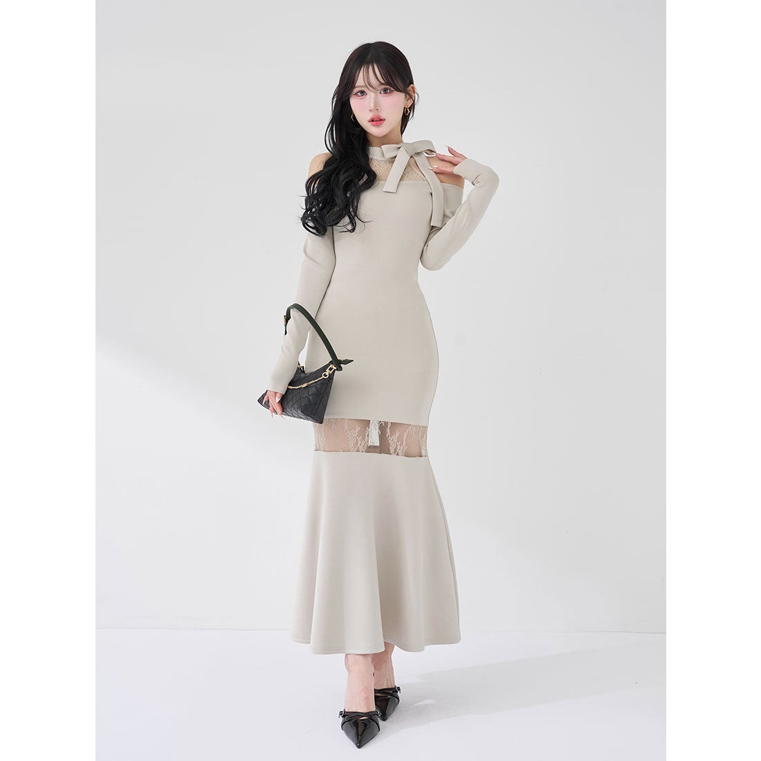 ダーリッチ Darich ポイントレースカットロングワンピース （グレー