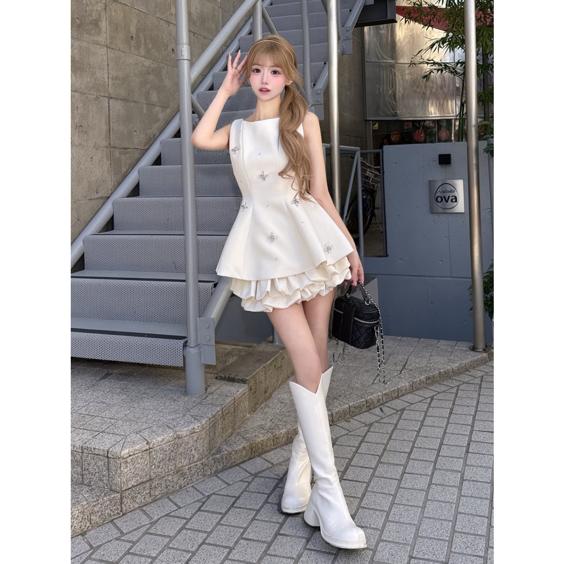 ダーリッチ Darich ビジューフレアバルーンミニドレス （ホワイト